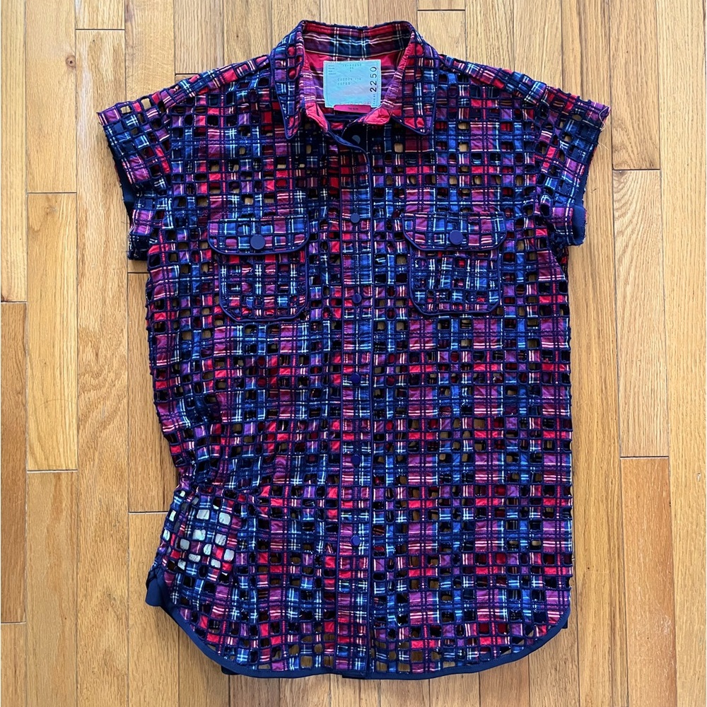 Sacai Plaid Lace Eyelet Top Tunic Button Pockets Madras Plaid Ikram Chicago
